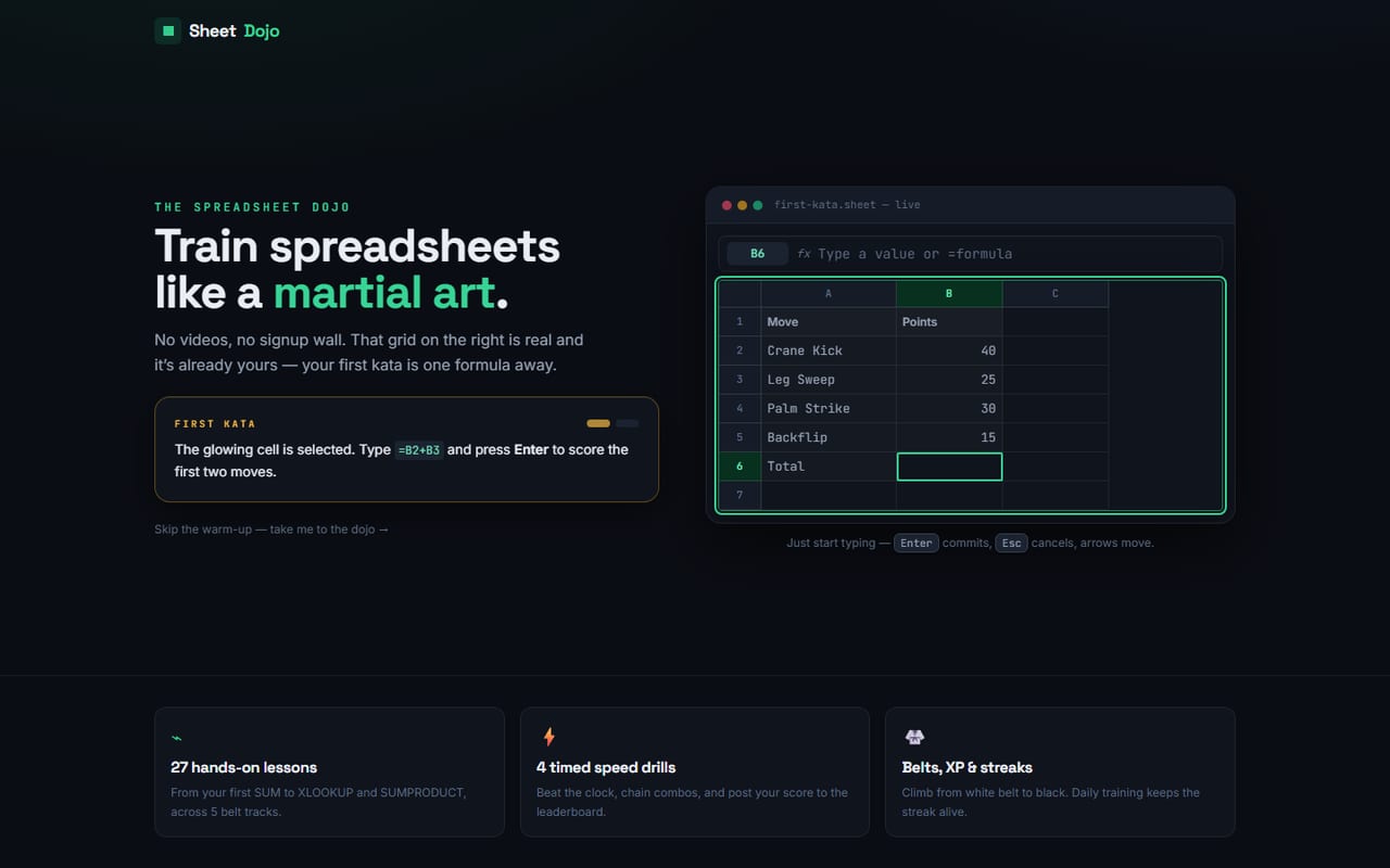SheetDojo — interactive spreadsheet trainer
